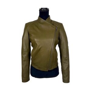 HELMUT LANG Lambskin Leather‎ Moto Biker Jacket in Olive Green Sz Small